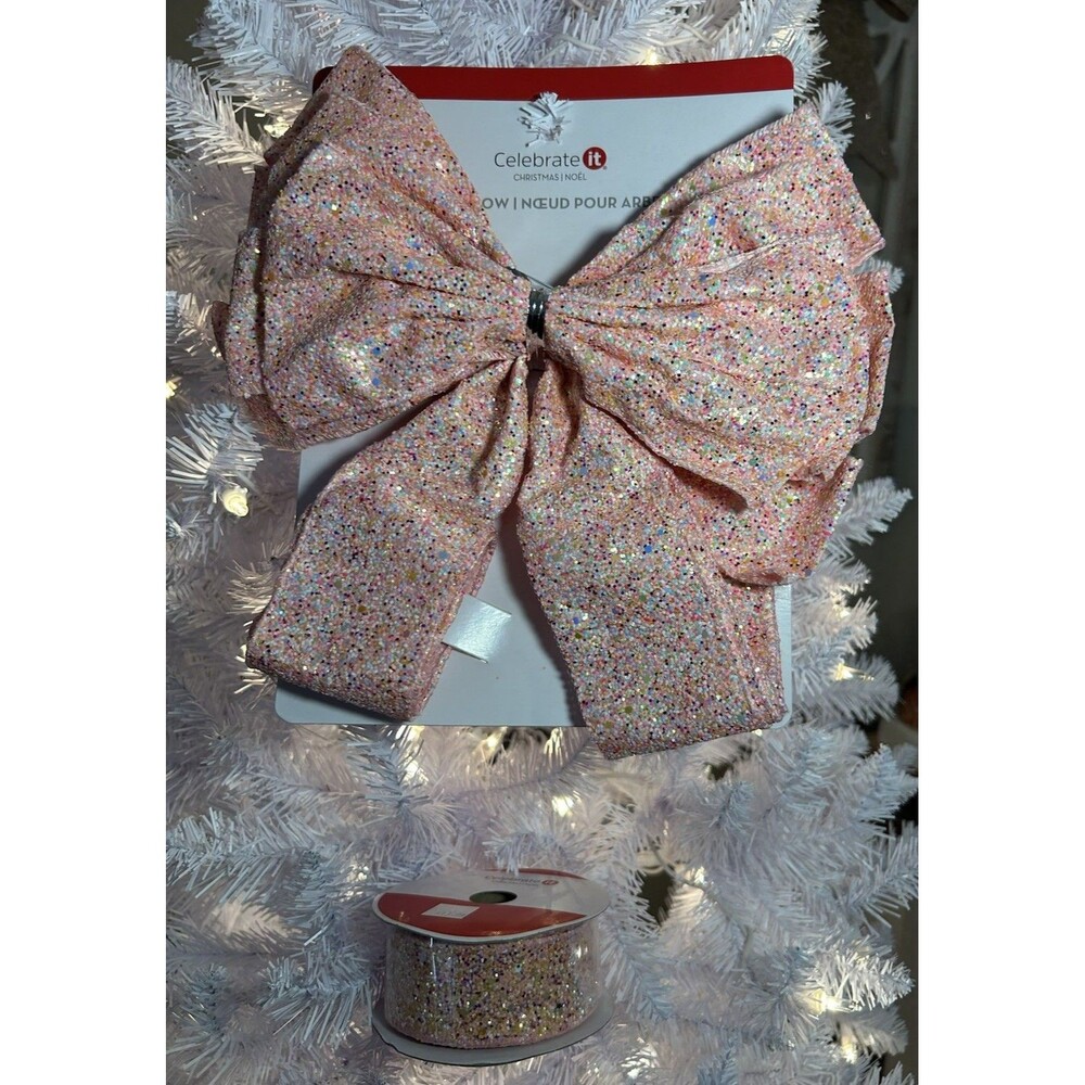 Celebrate It Christmas Pink Glitter Bow & Wired Ribbon Set, Christmas Easter